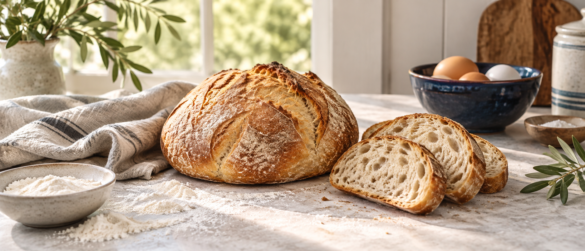 Illustrated bakery table with rustic bread and slices, ivory linen, flour, eggs and leafy sprigs