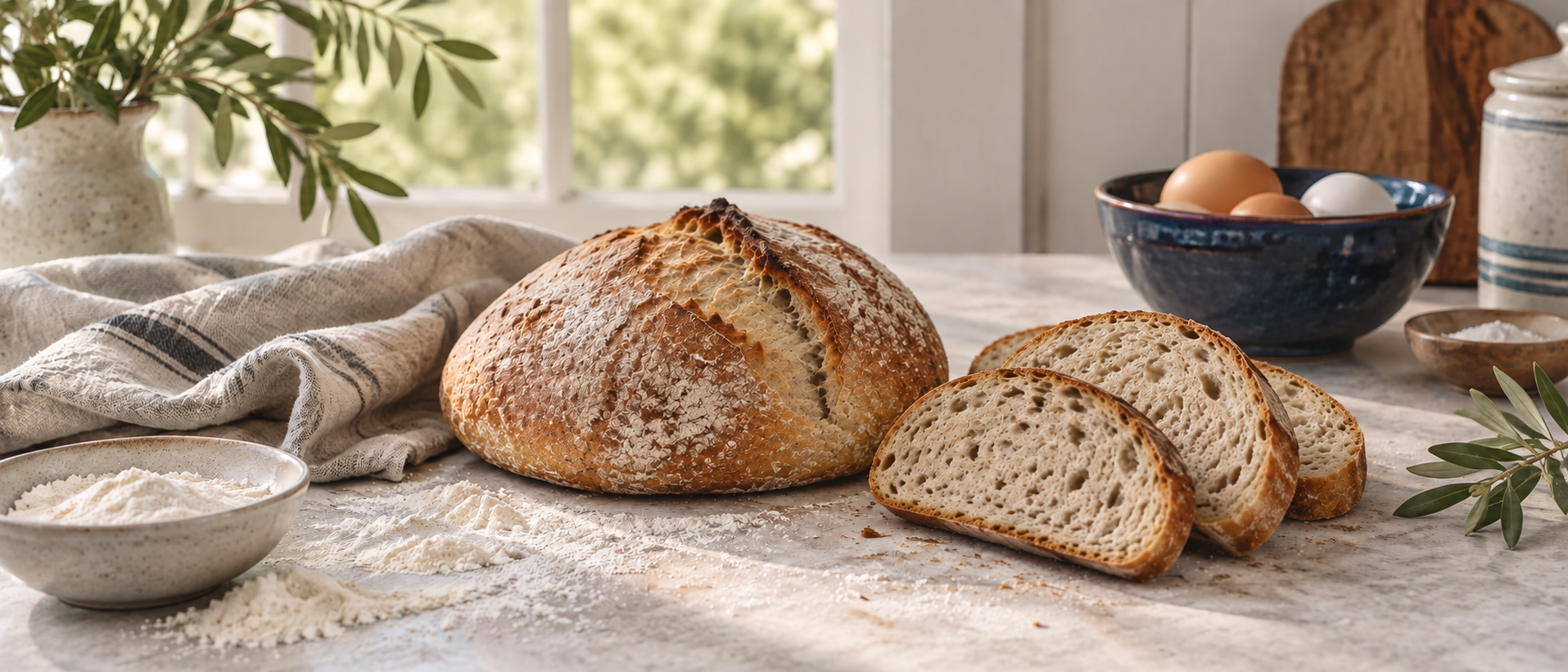 Illustrative homemade loaf and hand-cut slices on ivory linen beside flour, eggs and leafy sprigs